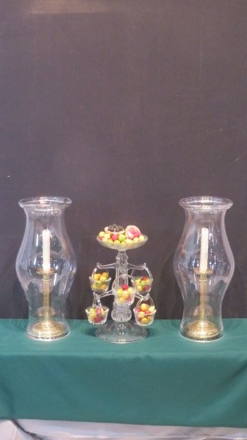 3 late 20th century glass garnitures: 3 late 20th century glass garnitures, including: 2 - 17.75"T hurricanes (not identical) and American glass epergne with 5 hanging baskets (should have had 6 and one is missing) 13"T
