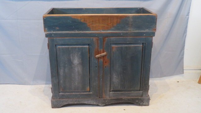 Late 19th century pine dry in worn blue painted surface (1 of 13)