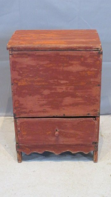 Late 19th century small blanket box with drawer in worn red paint (1 of 2)