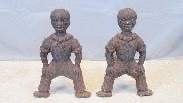 Pair of 19th century African American andirons: Pair of 19th century African American andirons, 19.5"T x 20"D x 13"W