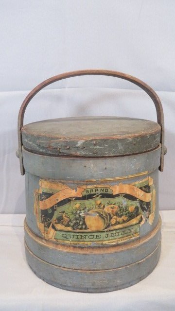 Early painted wood firkin with lid and original label dated 1882 (1 of 6)