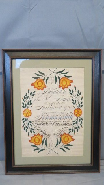19th century pen ink and watercolor framed Penmanship Award (1 of 8)