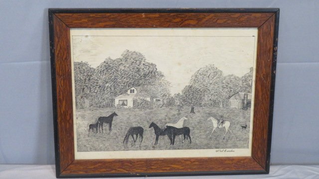 Pen and ink drawing of farmstead with 7 horses signed by Noel Sanders (1 of 6)