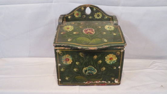 19th century pine hanging paint decorated salt box: 19th century pine hanging paint decorated salt box, 12"T x 10"W x 7"D