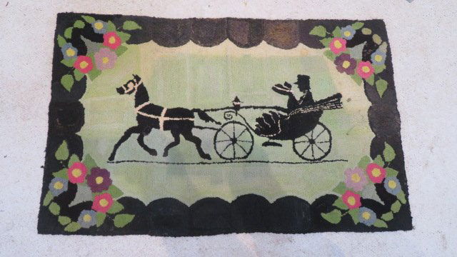 20th century hooked rug with horse drawn carriage (1 of 7)