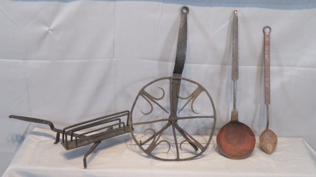 4 pcs of fireplace iron: 4 pcs of fireplace iron, including: rotary grill 21.5"L x 12"D, toaster, ladle (has initials I.K. on handle) and long handled spoon