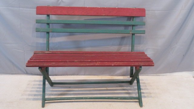 Folding park type bench in old red and green paint (1 of 6)