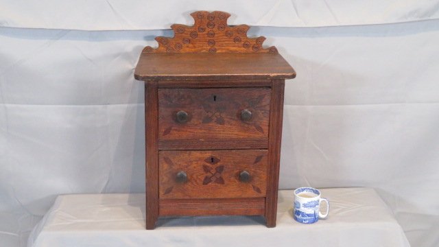 Ca. 1900 oak child's 2 drawer chest with inlay (1 of 7)