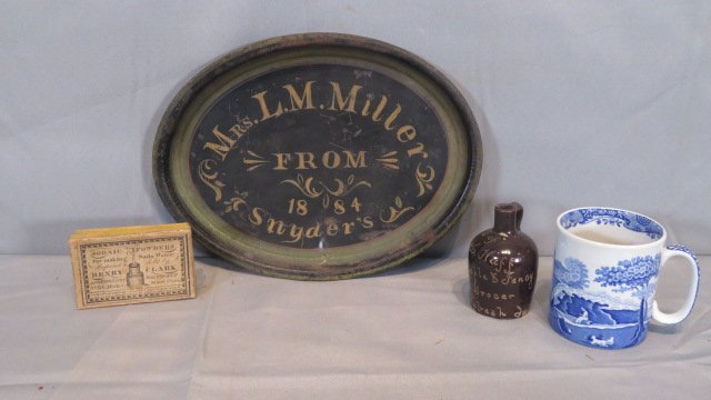 1884 tin tray, small advertising box, Wabash, Ind. scratch jug (1 of 8)