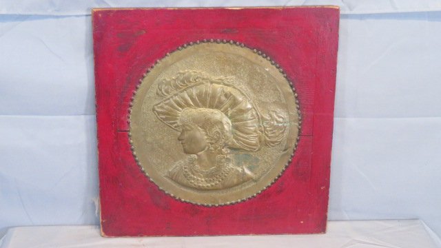 Brass plaque with embossed lady in a fancy hat (1 of 4)
