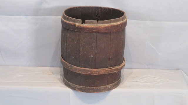 19th century wood keg with wood bands, signed: 19th century wood keg with wood bands, bottom of the barrel is signed on bottom, "Wheeling Iron and Nail Company 8 penny nails" (WV), old dark natural patina, 15"T x 12"D