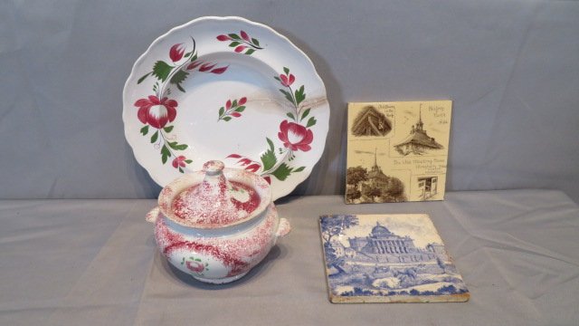 2 Minton tiles, red spatter sugar bowl and Adams Rose bowl (1 of 7)