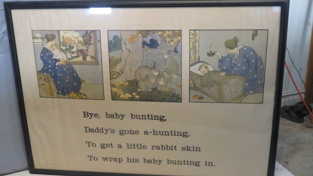Large framed print for nursery with Baby Bunting poem: Large framed print for nursery with Baby Bunting poem, signed by artist, Mary Louise Spoor, copyrighted by C.H. Congdon, dated 1912, 41"T x 57"W