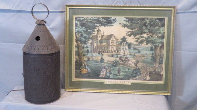 Outdoor electric hanging punched tin lantern and a 19th century framed print (1 of 9)