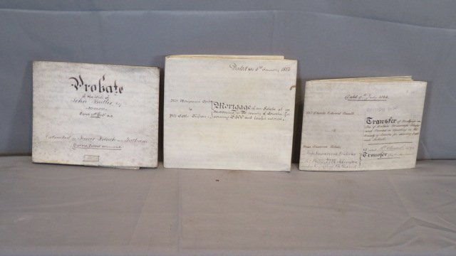 1813 and 1866 indentures & 1848 will on vellum: 1813 and 1866 indentures on vellum & 1848 Last will and testament on vellum, unfolded largest is 24" x 47", folded largest is 8" x 9.5"