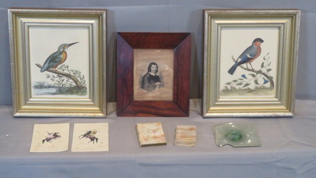 Group of 8 misc items, framed bird prints, marble books, etc.: Group of 8 misc. items, including: 2 framed hand-colored prints of birds (kingfisher and bull finch) overall 12"T x 10"W, a framed print of John Bunyon in period rosewood frame, 2 paintings on camel b