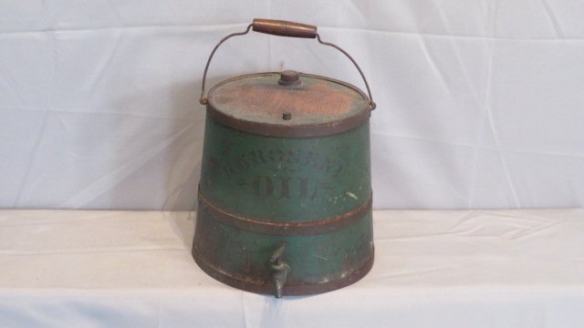 Wood kerosene oil keg with handle in original green paint and stencil (1 of 6)