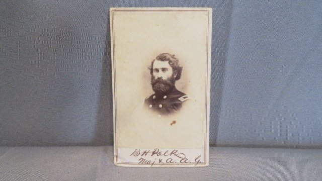 CDV Civil War image of Major Burr Harrison Polk, 33rd Indiana Infantry: CDV Civil War image of Major Burr Harrison Polk, 33rd Indiana Infantry, on reverse side of CDV marked, "Morse's Gallery of the Cumberland, Nashville, TN", 4"T x 2.5"W