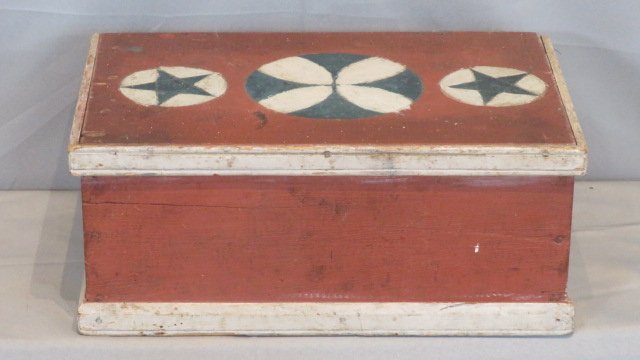 Late 19th cent. folk art paint decorated box in old red and white paint (1 of 8)