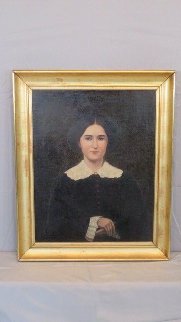 New England O/C Ca 1850 portrait of young woman: New England O/C Ca 1850 portrait of young woman (Emily Chadbourne of Mass.), original gilded frame, original stretcher, unsigned, never been re-lined, overall 31"T x 25"W