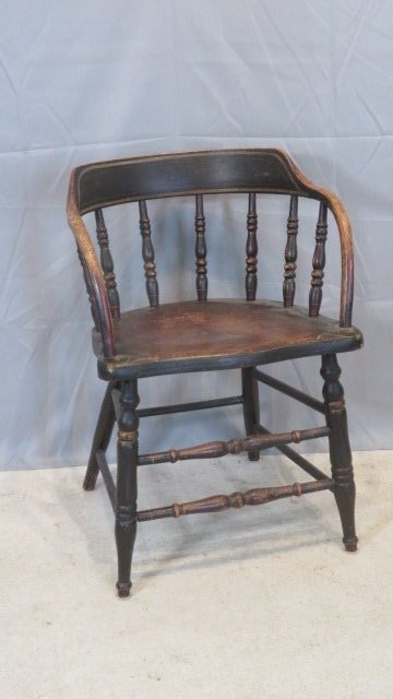 19th century painted firehouse Windsor chair in original paint: 19th century painted firehouse Windsor chair, original old black paint with yellow striping, 29"T x 17"W x 19"D, seat height is 19"T