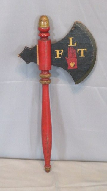 Early 20th century Odd Fellows lodge ceremonial axe with painted heart in hand (1 of 3)