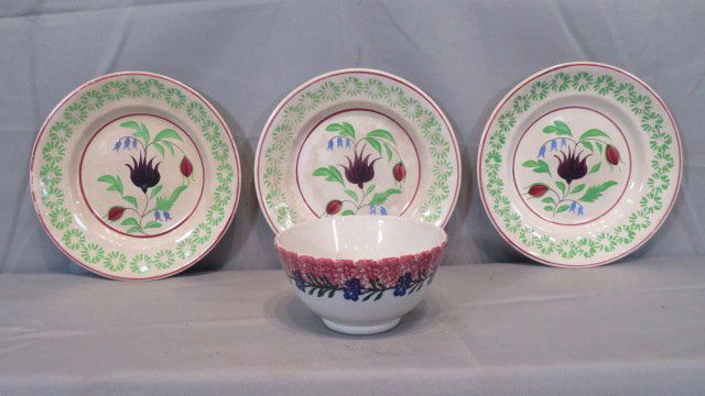 4 early pieces of china including spatterware bowl and 3 plates (1 of 4)