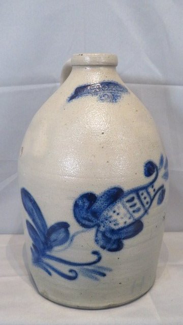 2-gal stoneware jug with blue dragonfly design signed (1 of 8)