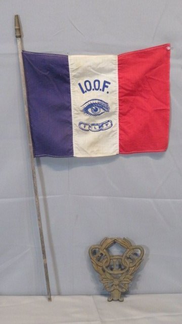 2 Odd Fellow lodge items, flag and top of grave marker (1 of 3)