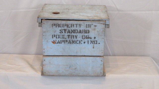 Wood egg crate in old original blue/gray paint with stencil (1 of 8)