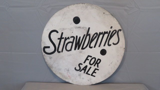 Mid-20th century heavy tin strawberries for sale 2-sided sign (1 of 2)