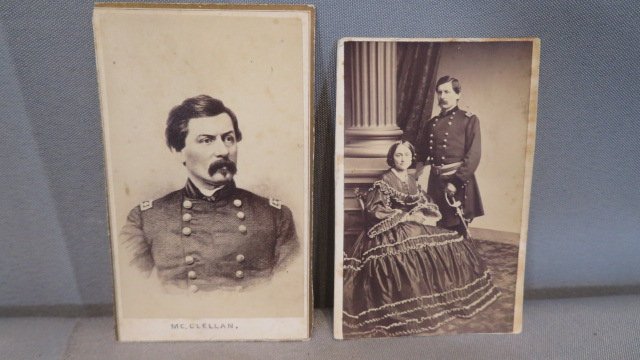 2 CDV Civil War images of Major General George McLellan: 2 CDV Civil War images of Major General George McLellan, one with his wife, both have photographer marks on back, 4"T x 2.5"W