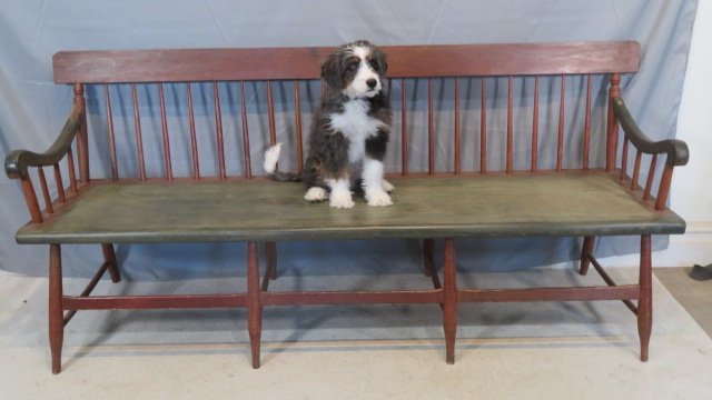 PA wide seat deacon bench in old green and red paint: PA wide seat deacon bench in old green and red paint, back board is chamfered, 34"T x 75"L x 21"D, seat height is 17.5"T, old note on bottom of bench that it was brought to Goshen, Indiana in the 1880