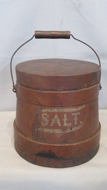 Diminutive wood firkin with lid, wire bale and wood handle, "SALT" on side (1 of 5)