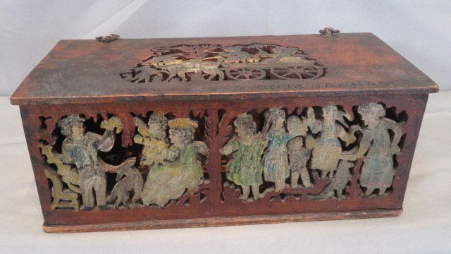 Late 19th century pine folk art box with cut-out children on sides and goat wagon on lid (1 of 8)