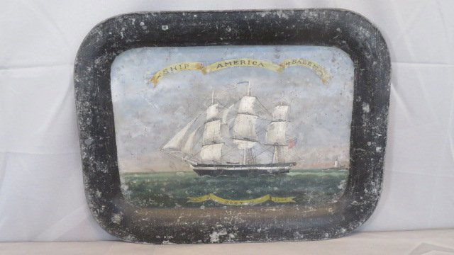 Tin tray with oil painting of Ship America of Salem at Boston 1806 (1 of 8)