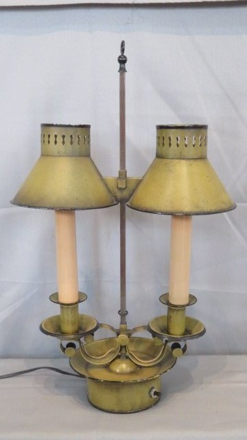 Modern painted tin table lamp in mustard paint (1 of 5)