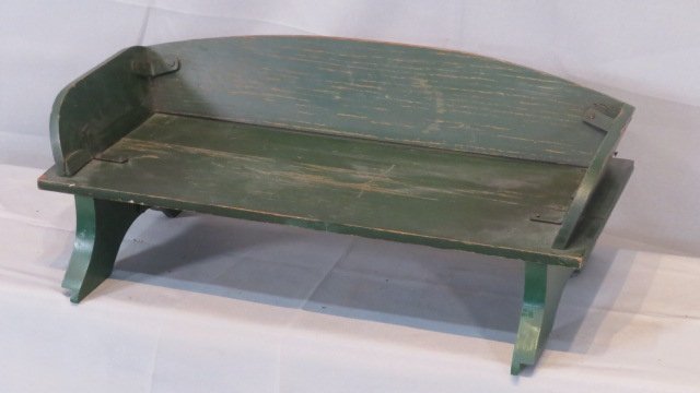Wood goat wagon seat in green paint with orange and black stripes (1 of 4)