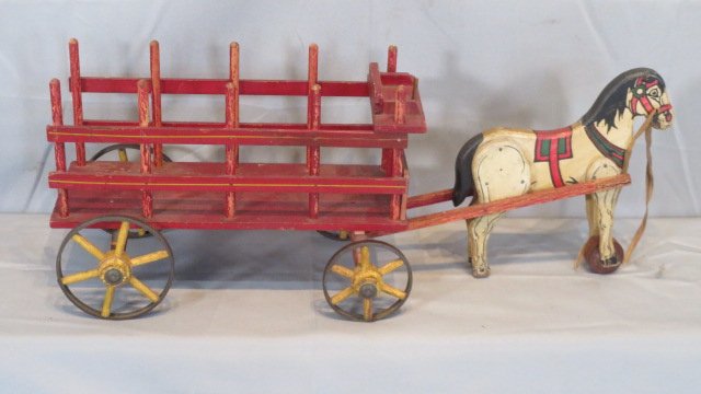 Early 20th century wood horse-drawn toy wagon (1 of 8)