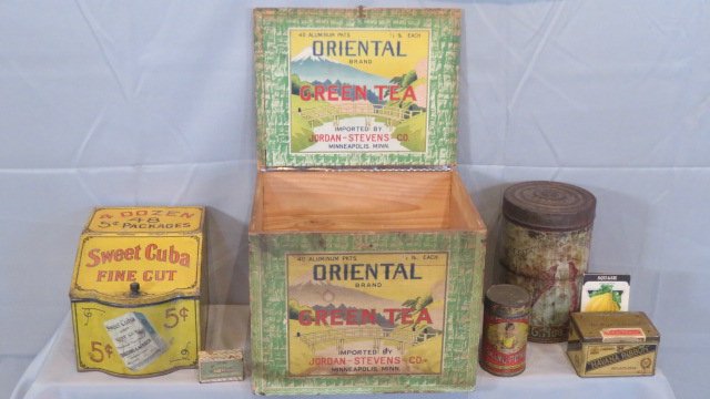 Group of early advertising items, wood Oriental Brand Green Tea box, etc. (1 of 8)