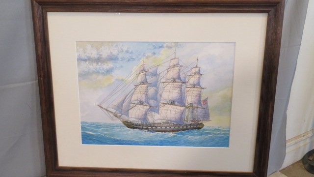 Signed G.F. Campbell watercolor of 3-masted frigate ship w/American flag (1 of 6)