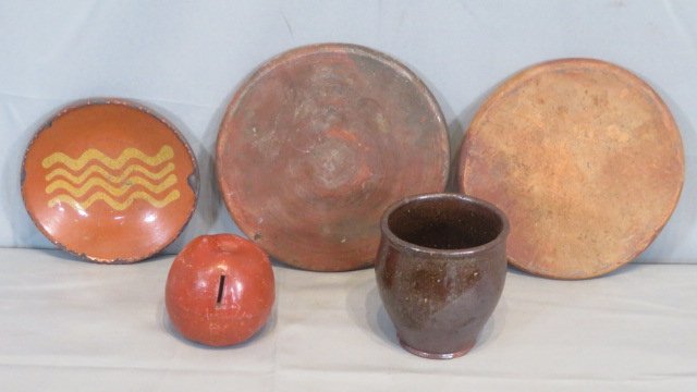 5 pcs of redware, crock lids, plate, etc. (1 of 5)