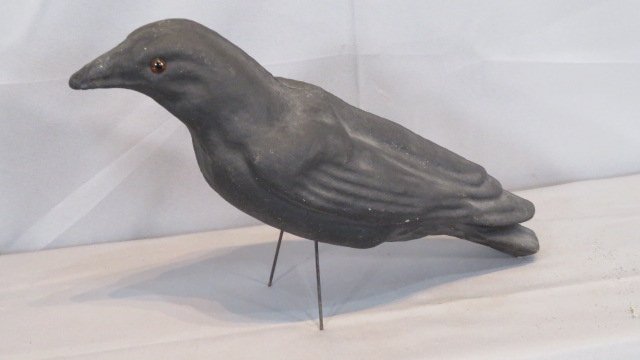 Papier-Mache crow decoy with glass eyes: Papier-Mache crow decoy with glass eyes, 9.5"T x 14"L