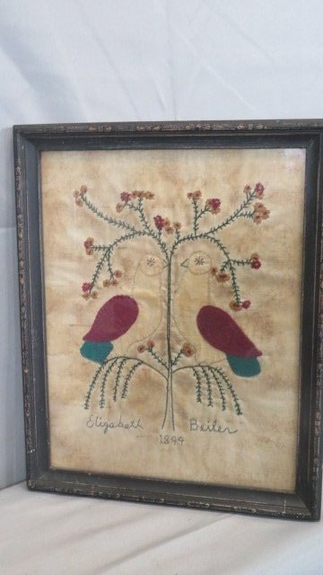Needlework on linen of lovebirds signed Elizabeth Beiler 1844 (1 of 4)