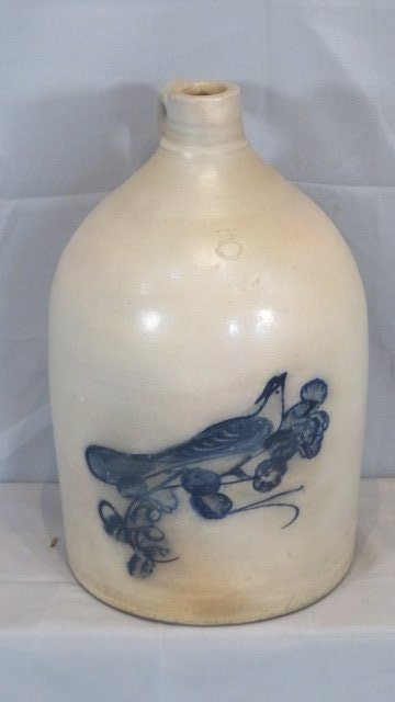 3 gal. unmarked stoneware jug with a blue paddle tailed bird on a branch (1 of 6)