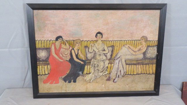 Early 20th century O/C naive painting of ladies of the evening signed (1 of 6)