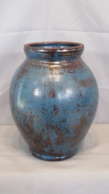 Ovoid redware jar with Albany glaze painted blue (1 of 4)