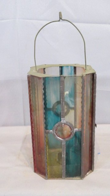 20th-century stained glass Christmas candle lantern: 20th-century stained glass Christmas candle lantern, 8"T x 4.5"square