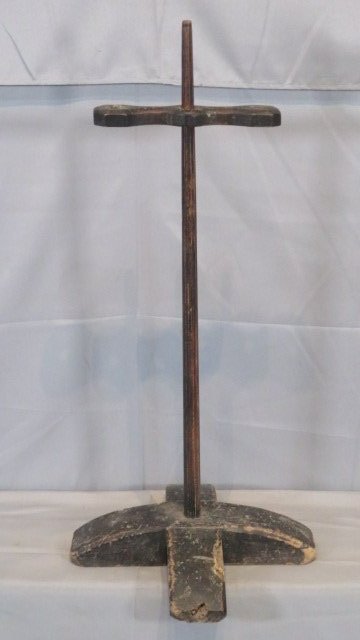 Early wood cross-base double candleholder in old black paint (1 of 4)