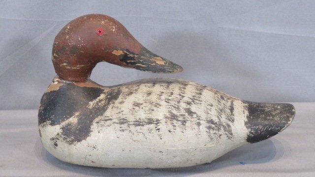 Redhead wood duck decoy with glass eyes: Redhead wood duck decoy with glass eyes, lead weight on the bottom, 12"L